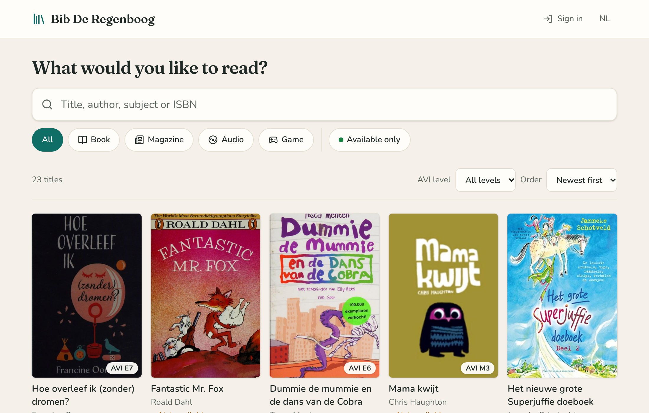 The catalogue with children’s book covers and filters.