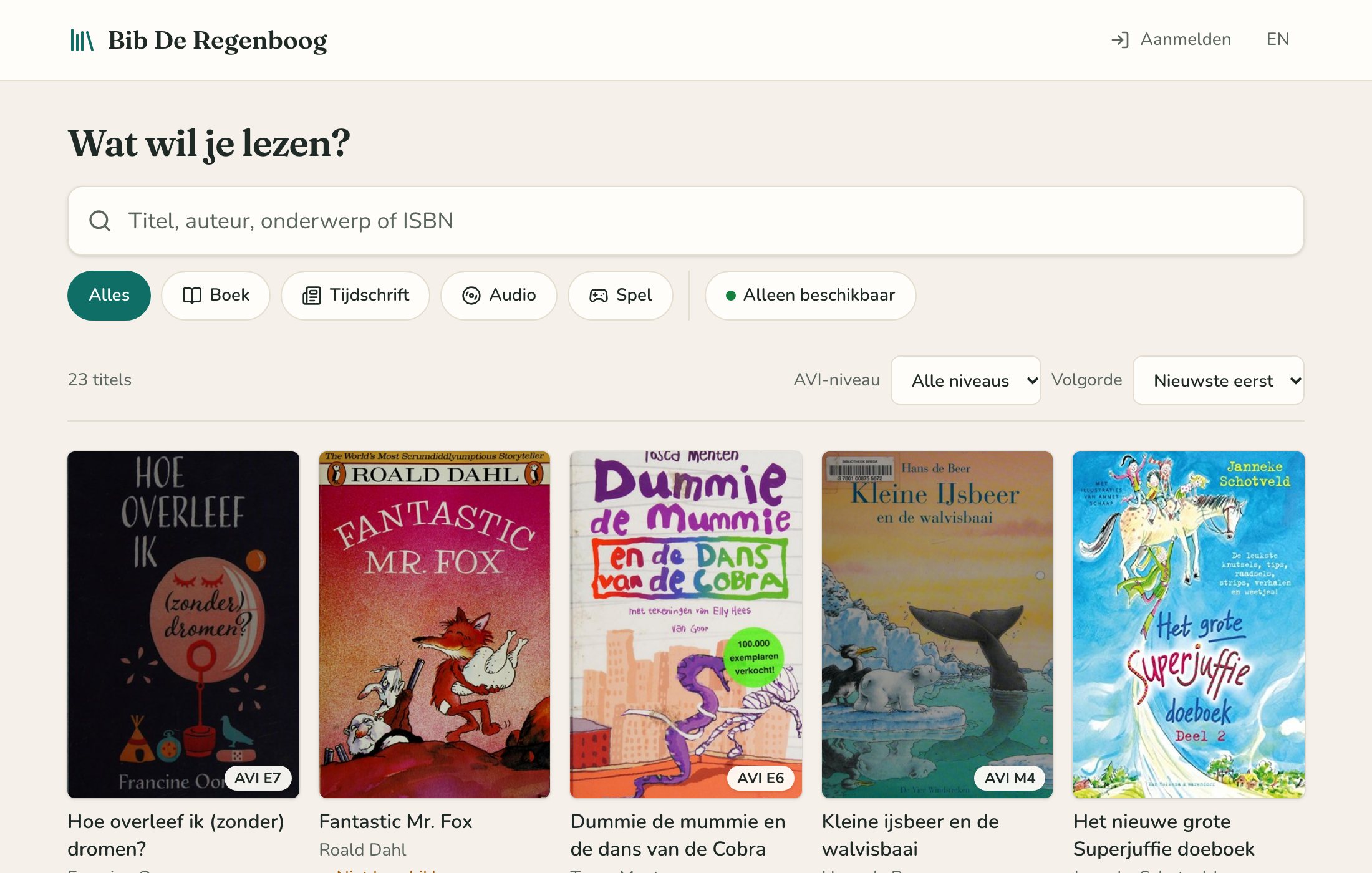De catalogus met kaften van kinderboeken en filters.
