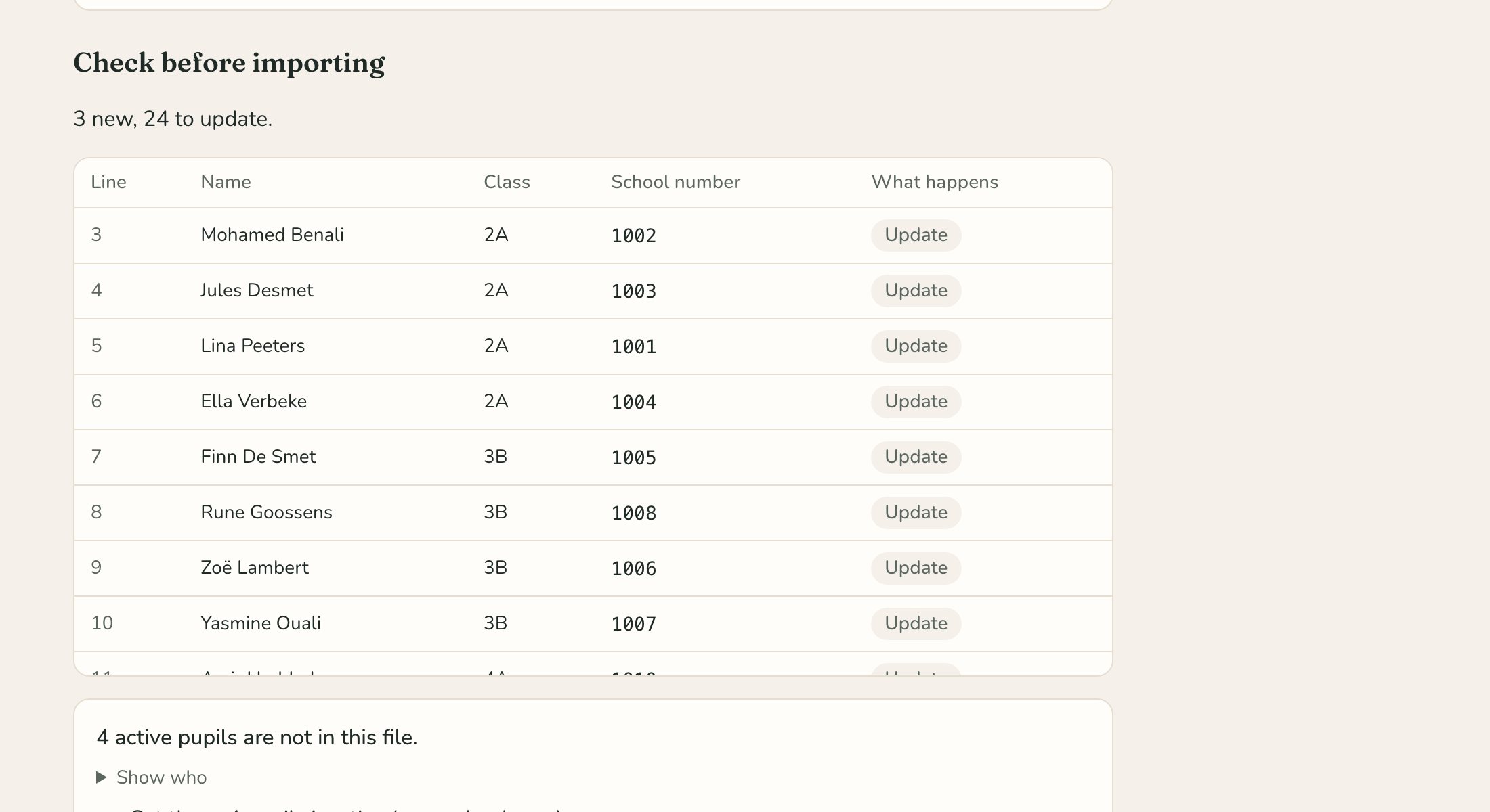 Importing a pupil list, with an overview of what changes.