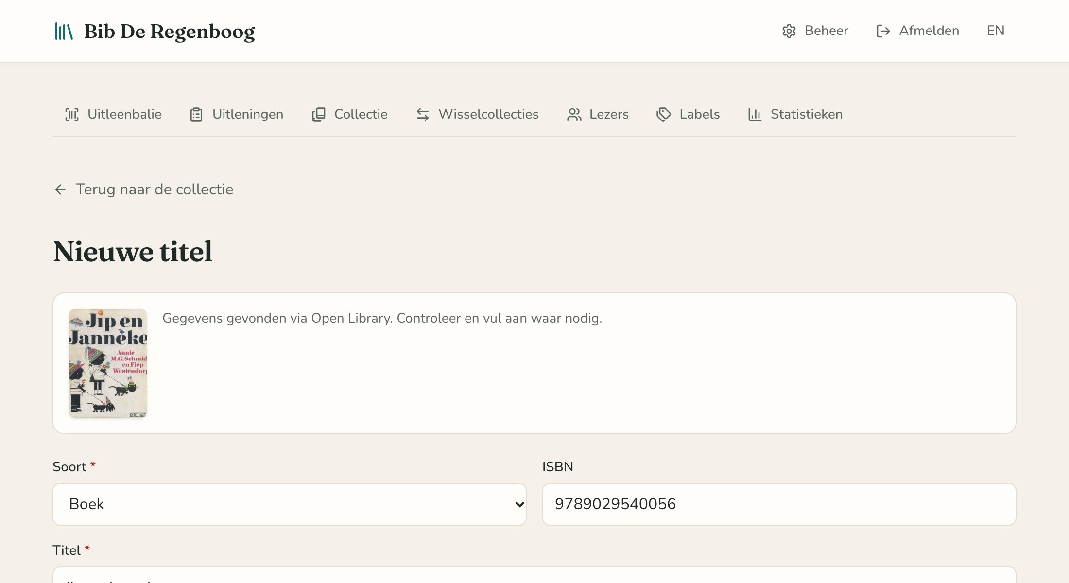 Een nieuwe titel, gevonden via het ISBN, met kaft en gegevens.