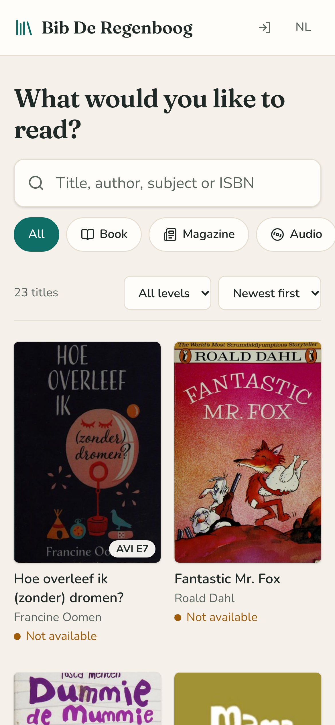 The catalogue on a smartphone, with the books’ covers.